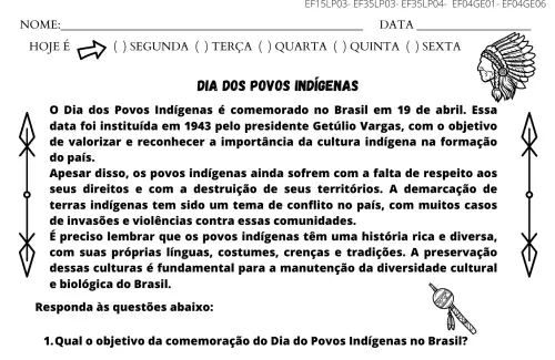 atividade 5º ano dia dos povos indígenas leitura e interpretação